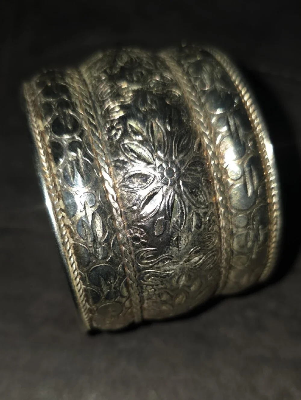 Sterling Silver Solid Floral Engraved Bangle Bracelet, Vintage